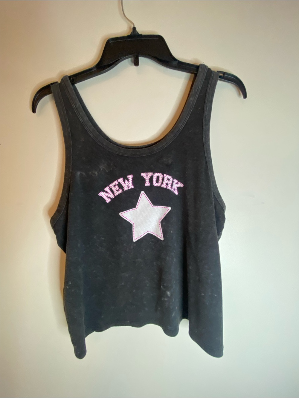 Rebellious One Black Distressed Bleached New York Tank with Pink and White Star